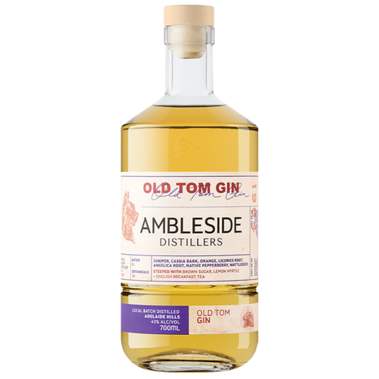 Australian Dry Gin bottle labeled Ambleside Distillers Old Tom Gin, 700ml, by Paramount, with clear branding and elegant packaging.