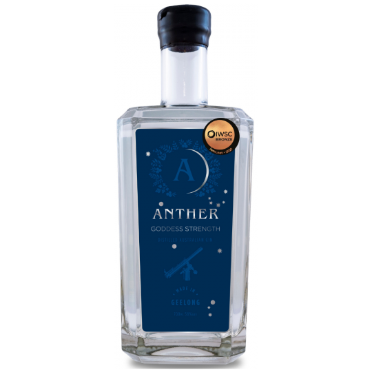 Australian dry gin bottle labeled Anther Goddess Strength Gin by Paramount, 700ml, with a dark glass bottle and elegant label.