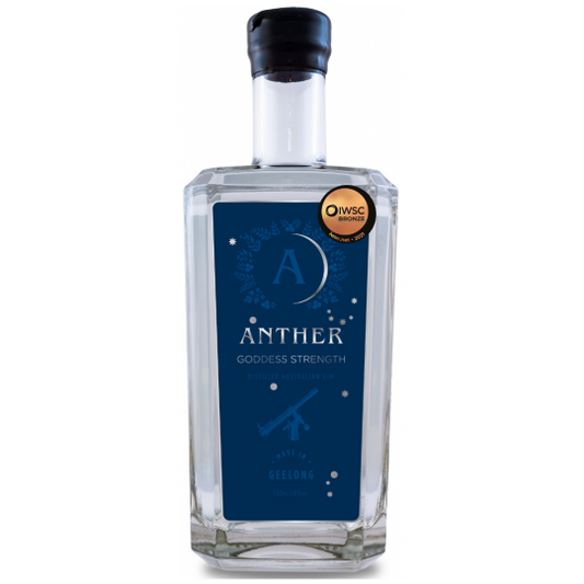 Australian dry gin bottle labeled Anther Goddess Strength Gin by Paramount, 700ml, with a dark glass bottle and elegant label.
