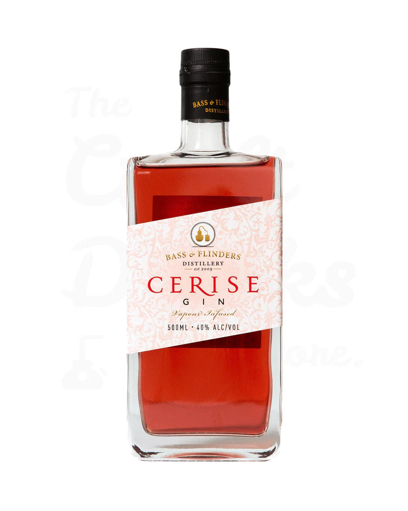Paramount Bass & Flinders Cerise Dry Gin 500mL bottle, Australian distillery, clear glass with label featuring red accents.