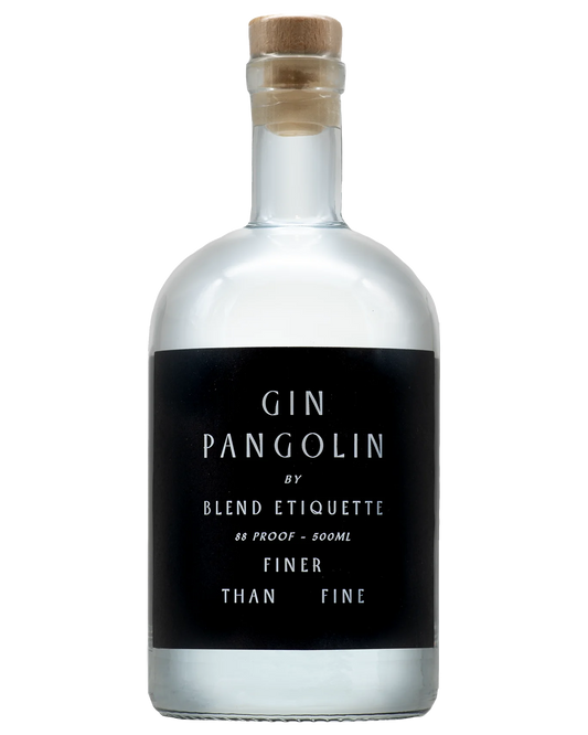 Australian dry gin bottle labeled Blend Etiquette Gin Pangolin, 500mL, by Paramount, featuring a sleek design and clear branding.