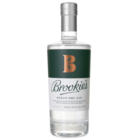 Australian dry gin bottle labeled Brookie's Byron Dry Gin by Paramount, 350ml, with clear glass and distinctive branding.