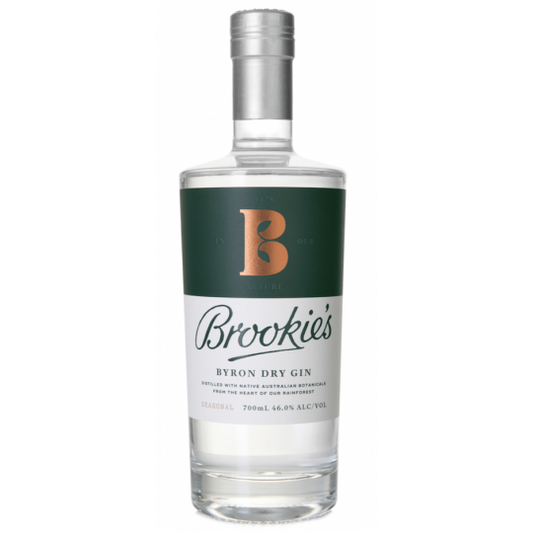 Australian dry gin bottle labeled Brookie's Byron Dry Gin by Paramount, 350ml, with clear glass and distinctive branding.