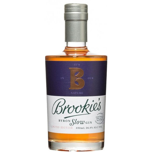 Bottle of Paramount Brookie's Byron Slow Gin, Australian dry gin in a 350ml glass bottle with a label displaying the brand and product name.