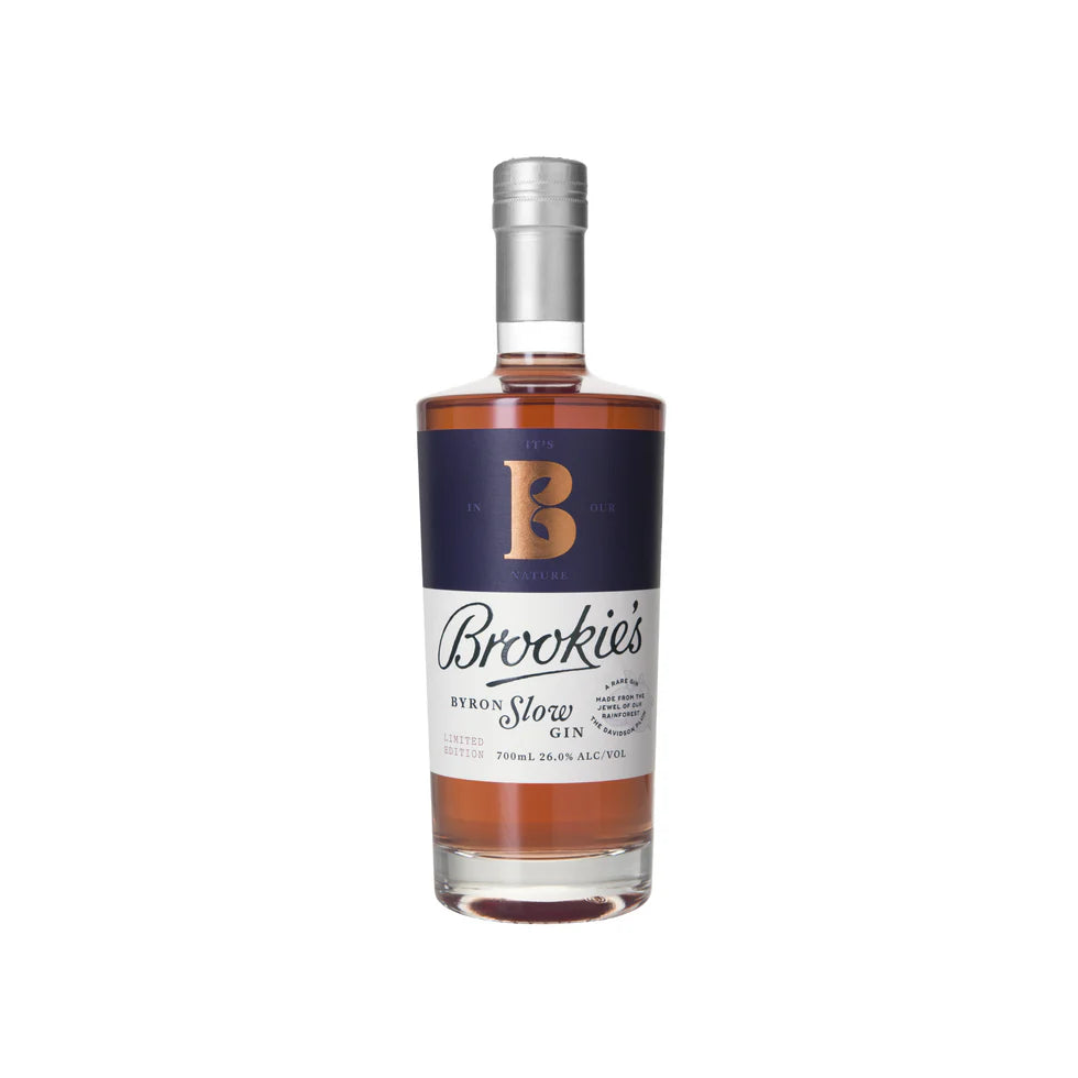 Australian Dry Gin bottle labeled Brookie's Byron Slow Gin by Paramount, 700ml, with a clear glass bottle and label design.