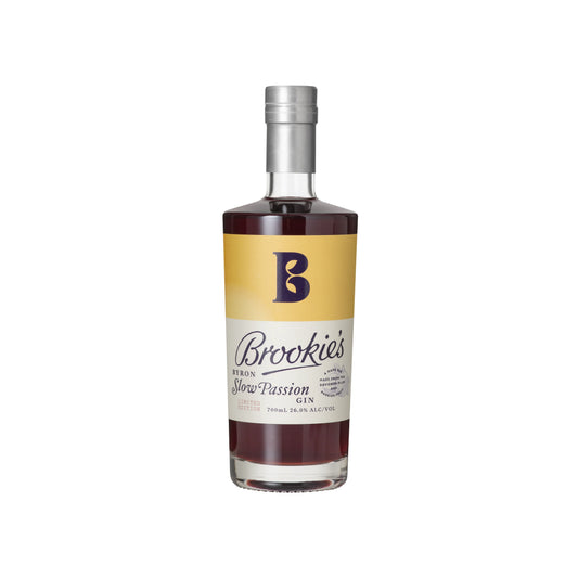 Australian dry gin in a 700ml bottle, Paramount's Brookie's Byron Slow Passion Gin, with a clear glass bottle and label.