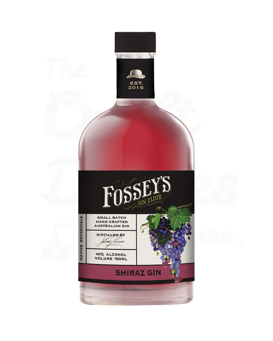 Australian dry gin in a 700ml bottle labeled Fossey's Shiraz Gin by Paramount, featuring a dark glass bottle and elegant label design.