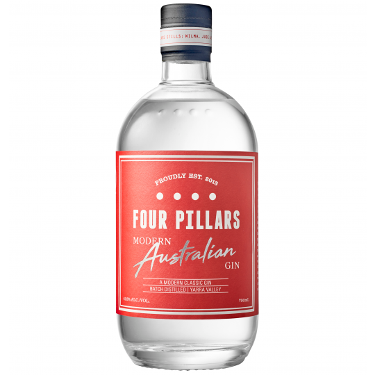 Australian dry gin by Paramount, Four Pillars Modern Australian Gin in a 700mL bottle, featuring a clear glass bottle with a modern label.