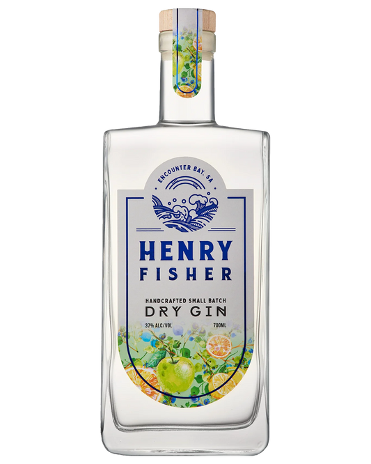 Bottle of Paramount Henry Fisher Australian Dry Gin, 700ml, with clear label and elegant packaging on a white background.