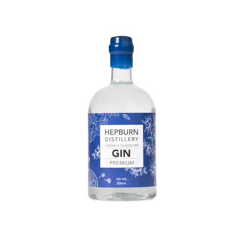 Australian dry gin in a 500ml Paramount bottle, featuring Hepburn Distillery Lyonville Classic Dry Gin with botanical details.