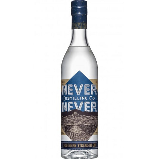 Bottle of Paramount Never Never Distilling Co Southern Strength Australian Dry Gin 500ml with label and clear glass bottle.