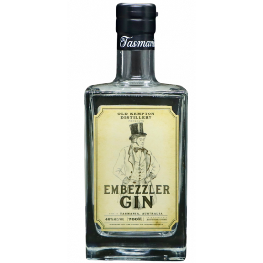 Paramount Old Kempton Distillery Embezzler Gin 700mL bottle with label, Australian dry gin in a clear glass bottle.
