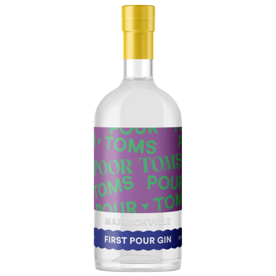 Australian dry gin bottle labeled Poor Toms First Pour Gin by Paramount, 700ml size, with clear glass and label details