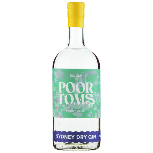 Australian Dry Gin bottle labeled Poor Toms Sydney Dry Gin by Paramount, 700ml, with a clear glass bottle and minimalist label design.