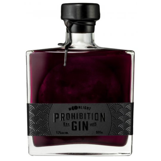 Australian dry gin bottle of Paramount Prohibition Moonlight Gin, 500ml, with a sleek label and clear glass bottle.