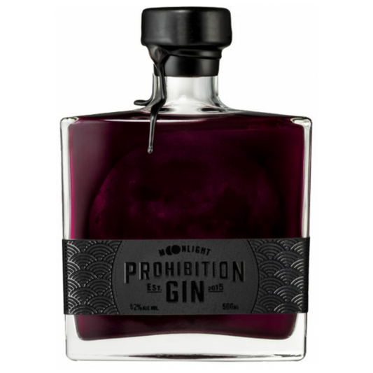Australian dry gin bottle of Paramount Prohibition Moonlight Gin, 500ml, with a sleek label and clear glass bottle.