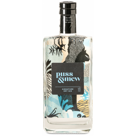 Australian dry gin bottle labeled Paramount Puss And Mew Signature Dry Gin, 700mL, with a sleek glass and stylish label.