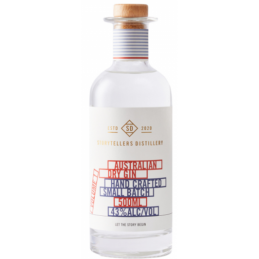 Paramount Storytellers Distillery Australian Dry Gin 500mL bottle with label and clear glass showcasing the gin inside.