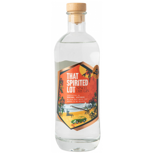 Paramount That Spirited Lot Ninch Dry Australian Gin 700ml bottle with clear glass and label featuring botanical illustrations.