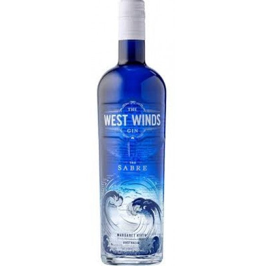 Australian dry gin in a 700mL Paramount bottle labeled The West Winds Gin The Sabre Gin, with a clear glass bottle and dark cap.
