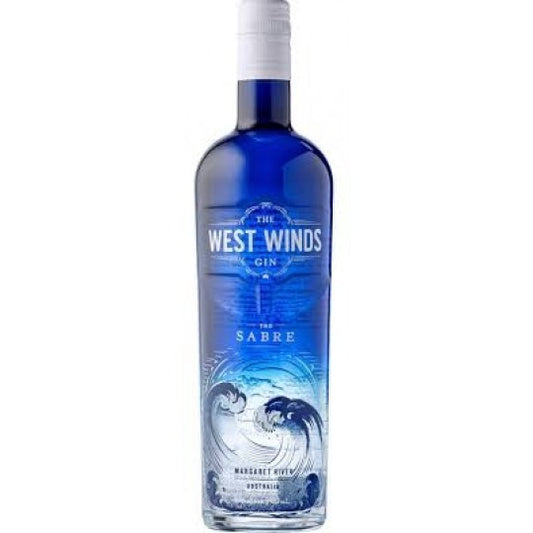 Australian dry gin in a 700mL Paramount bottle labeled The West Winds Gin The Sabre Gin, with a clear glass bottle and dark cap.