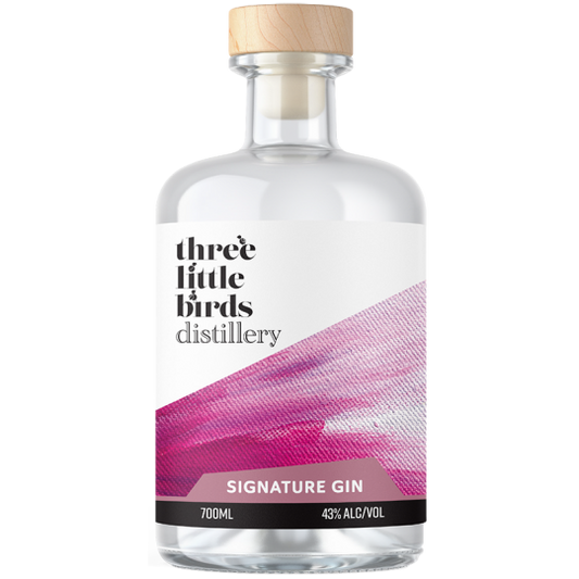 Australian dry gin bottle from Three Little Birds Distillery, Signature Gin by Paramount, 700ml clear glass with label and cap