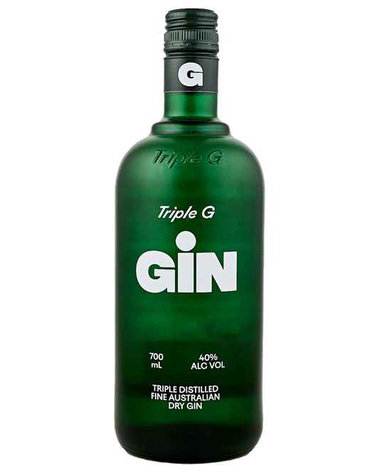 Bottle of Paramount Triple G Australian Dry Gin in a 700mL bottle, featuring clear glass and a label with blue and gold accents.