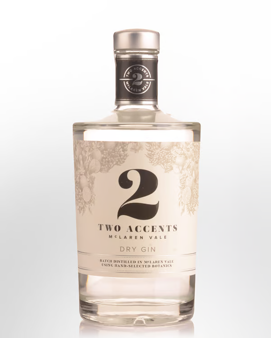 Australian dry gin bottle labeled Two Accents Dry Gin by Paramount, 700ml size, with a clear glass bottle and detailed label.