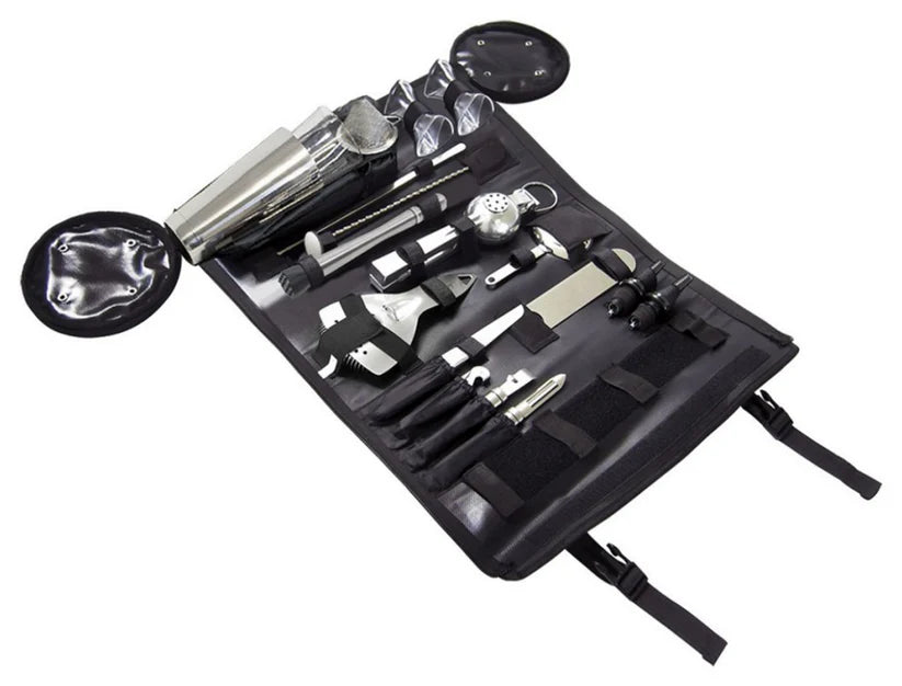 Paramount Uberbartools Boston Bar Roll Bartending Kit with bar tools for cocktail mixing and bartending.