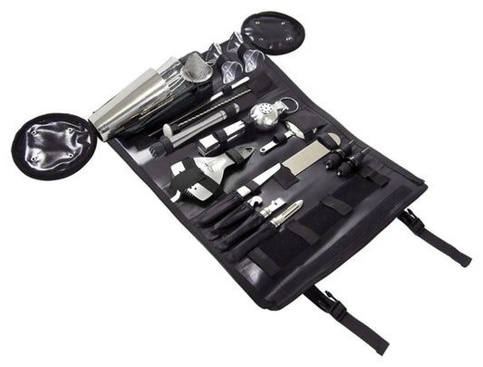 Paramount Uberbartools Boston Bar Roll Bartending Kit with bar tools for cocktail mixing and bartending.