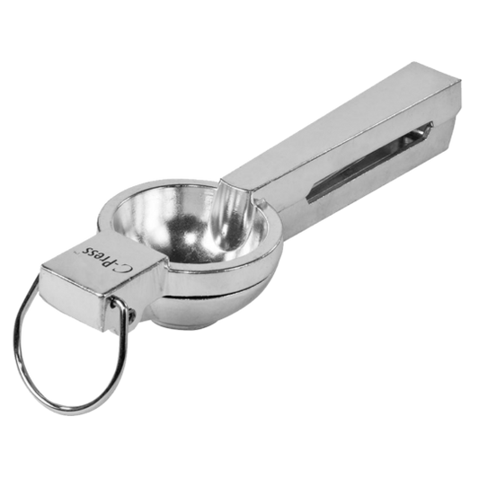 Paramount Uberbartools C-Press citrus squeezer for bar tools, stainless steel with ergonomic handles for extracting juice from citrus fruits.