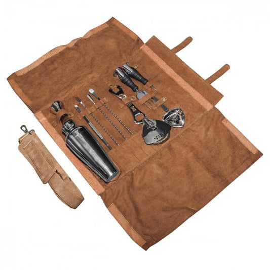 Paramount Uberbartools Luxroll Premium Bartender Kit with bar tools, including shaker, strainer, and corkscrew arranged on a wooden bar.