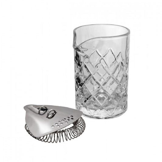 Paramount Uberbartools mixing glass and strainer set for bar tools, featuring a clear glass mixing vessel and metal strainer.