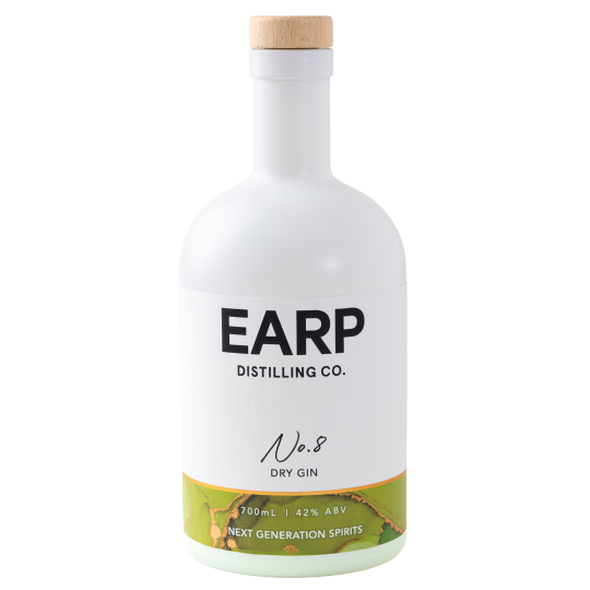Barrel-aged Earp Distilling Co No. 8 Dry Gin by Paramount in a 700mL bottle with a clear glass and label display.