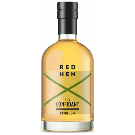 Red Hen The Confidant Barrel Aged Gin by Paramount, 500ml bottle with a sleek label and elegant packaging.