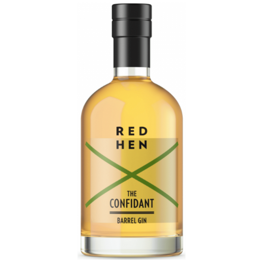Red Hen The Confidant Barrel Aged Gin by Paramount, 500ml bottle with a sleek label and elegant packaging.