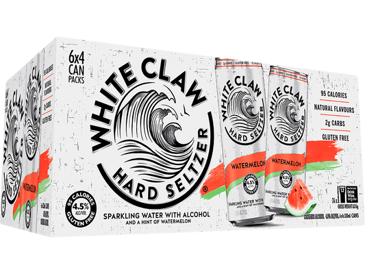White Claw Watermelon Hard Seltzer cans by Paramount, 330ml, 24-pack, with vibrant watermelon design on the cans