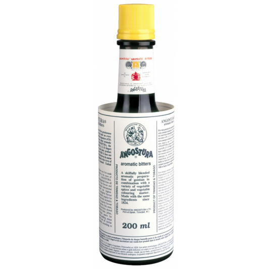 Paramount Angostura Aromatic Bitters 200ml bottle, close-up showing the label and amber-colored liquid inside.