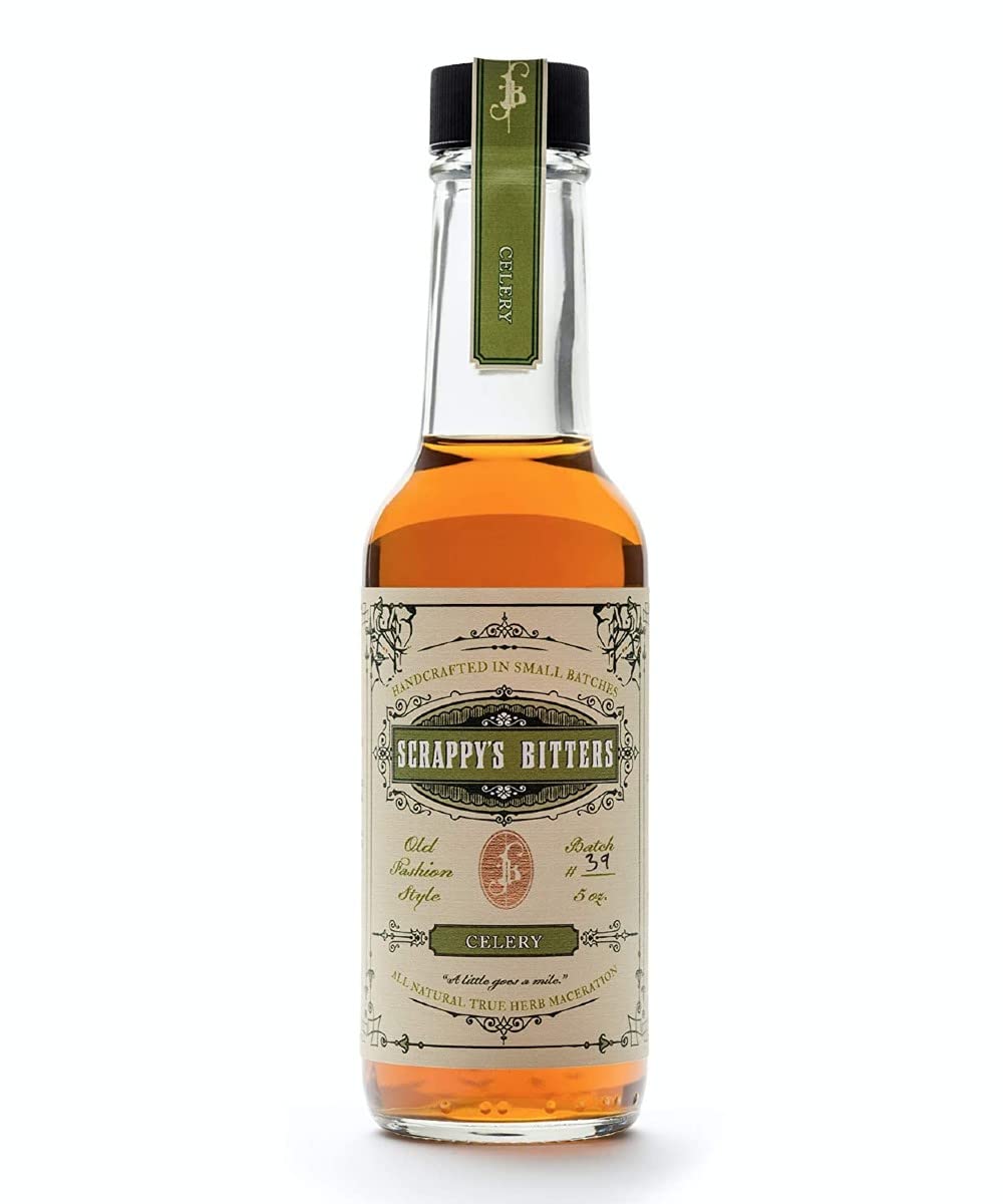 Paramount Scrappy's Celery Bitters 147ml bottle shown with label and amber liquid inside.