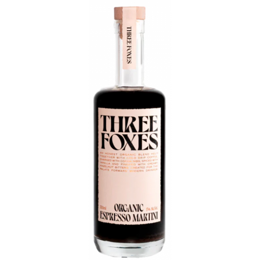 Three Foxes Organic Espresso Martini bitters by Paramount in a 700mL bottle, shown in a clear image.