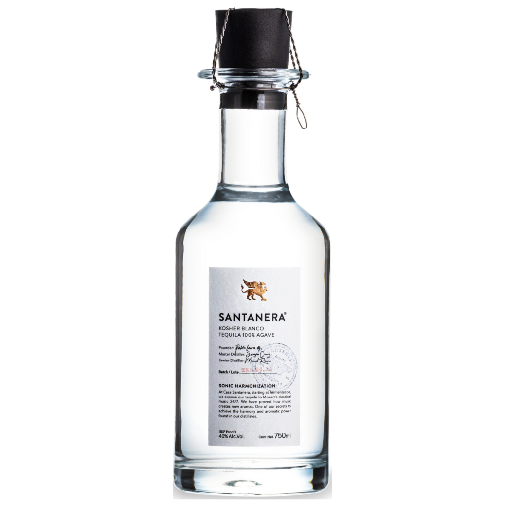 Paramount Santanera Tequila Silver Blanco in 750ml bottle, showcasing clear glass and label with silver accents.