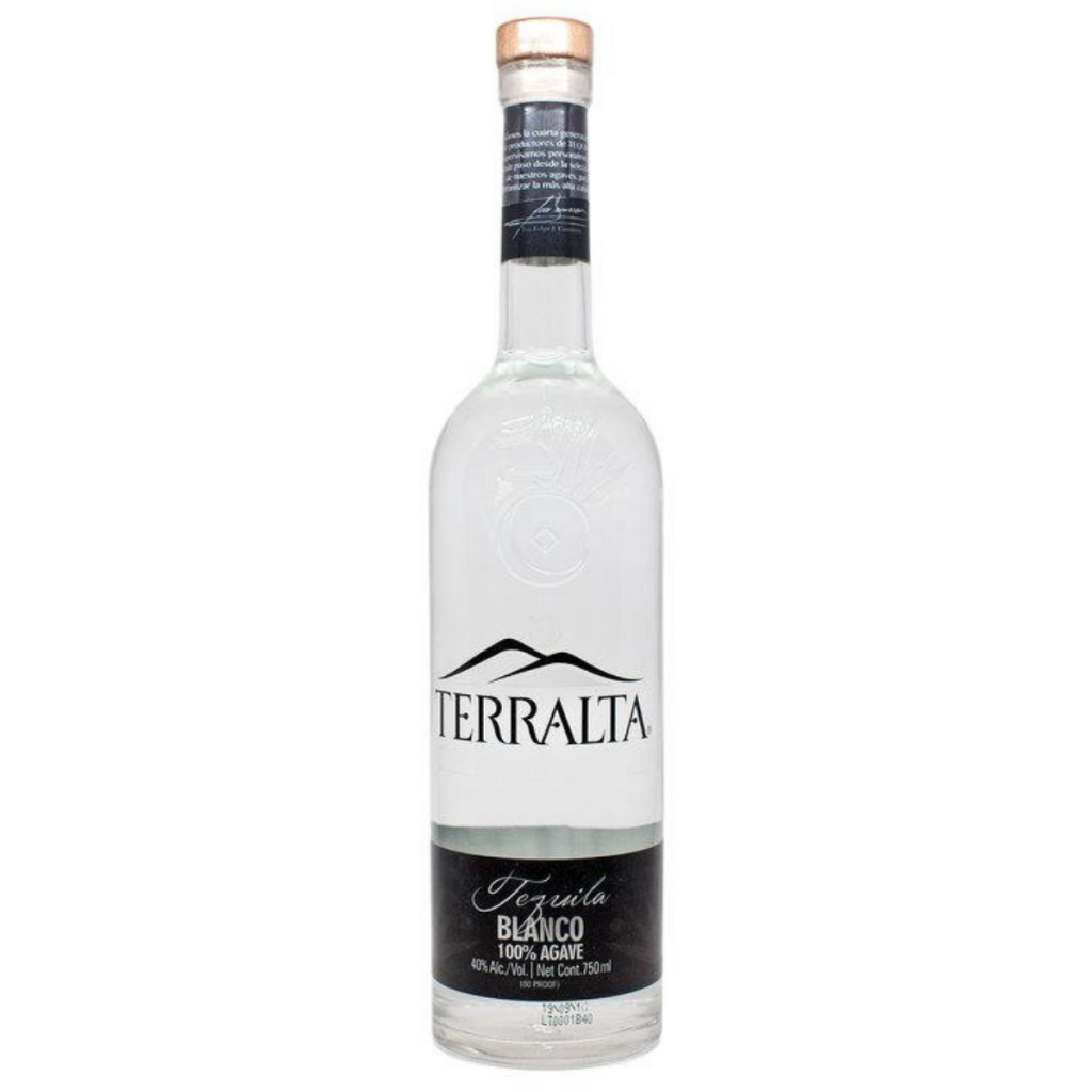 Paramount Terralta Blanco Tequila 750ml bottle with clear glass and white label, showcasing the smooth, transparent spirit inside.
