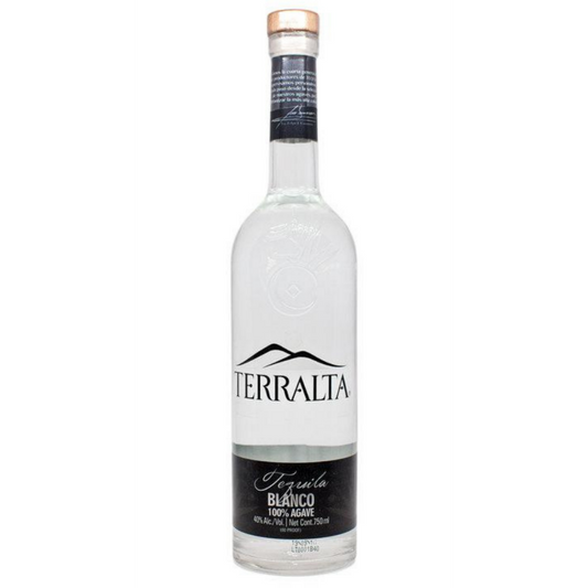 Paramount Terralta Blanco Tequila 750ml bottle with clear glass and white label, showcasing the smooth, transparent spirit inside.