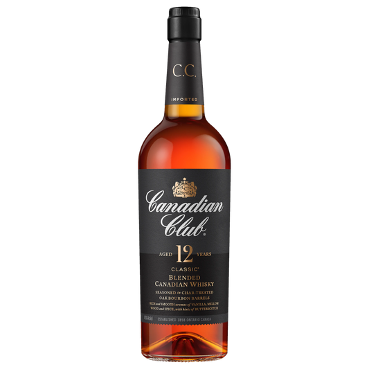 Canadian Club 12 Year Old Classic Blended Malt Whisky by Paramount, 700ml bottle with distinctive label and glass.