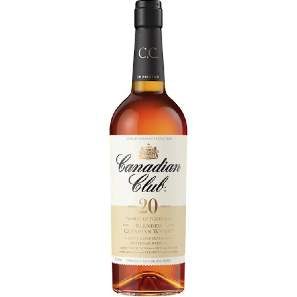 Canadian Club 20 Year Old Blended Malt Whisky in a 750mL bottle, showcasing the smooth, amber-colored spirit.