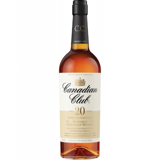 Canadian Club 20 Year Old Blended Malt Whisky in a 750mL bottle, showcasing the smooth, amber-colored spirit.