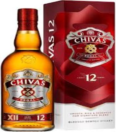 Blended malt Scotch whisky Paramount Chivas Regal 12 Year Old 700mL bottle on a wooden table.