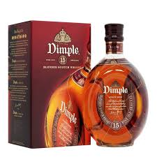 Dimple 15 Year Old Deluxe blended malt whisky in 700ml bottle by Paramount, showcases the whisky bottle with label and packaging.