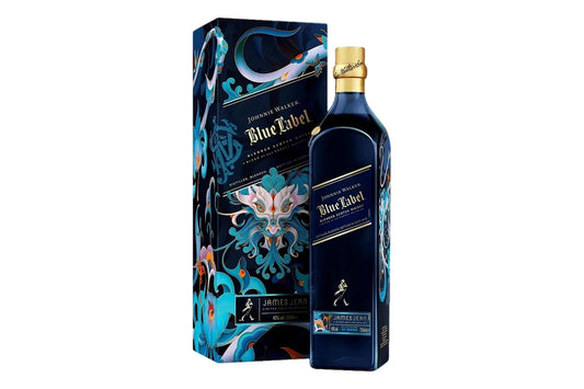 Johnnie Walker Blue Label CNY Dragon blended malt whisky in a 750ml bottle with a decorative design.