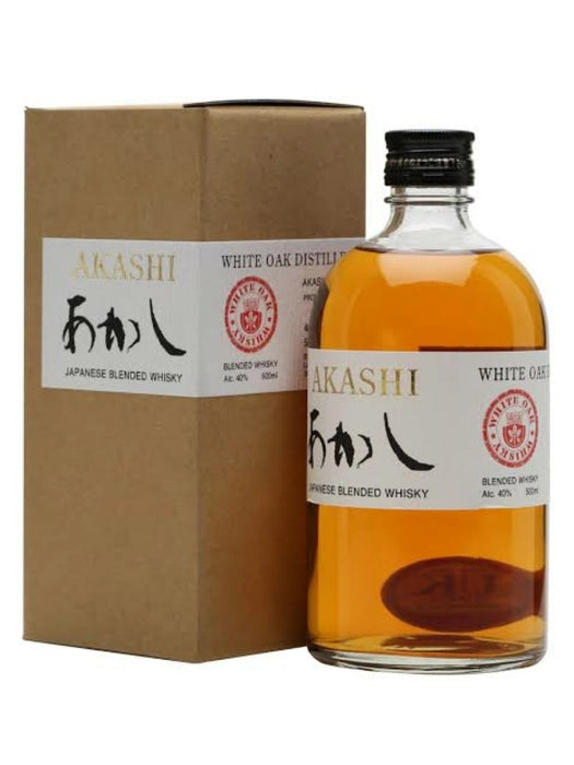 White Oak Akashi Blended Japanese Whisky 500ml, Paramount branded blended malt with amber liquid in a glass bottle.